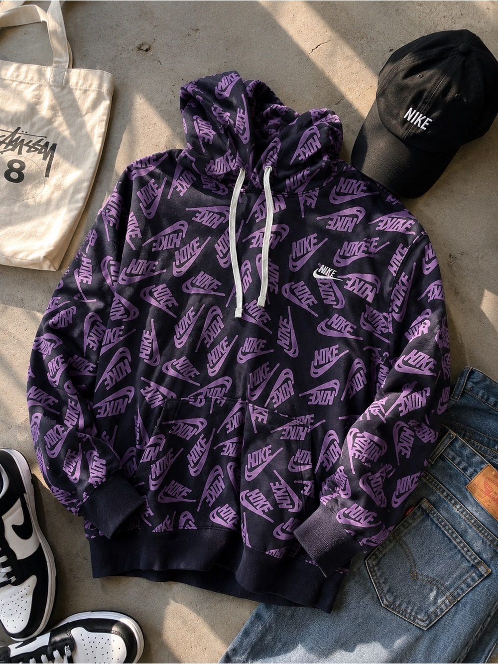 Nike Y2K All Over Swoosh Hoodie Mens LT Purple Black Graphic Streetwear